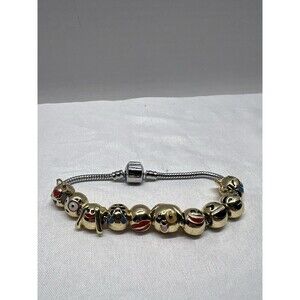 Silver Colored All Metal Bracelet With Gold Tone Emoji Charms (Cats, Dogs, Love)